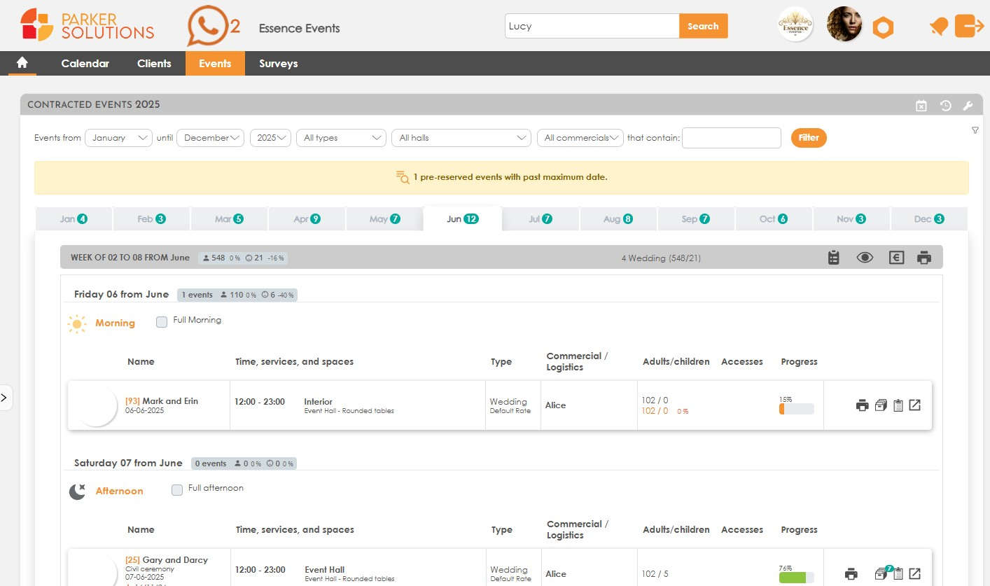 Booked Events Section in Parker Solutions' CRM Advance